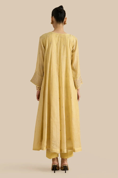 Kalidar Jacket Crafted With Chikankari Threadwork With Mukash