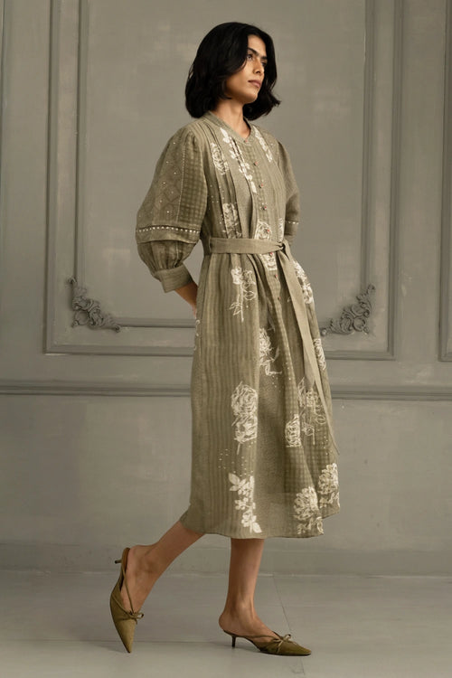 Sage Green Gauze Linen Discharge Print Dress