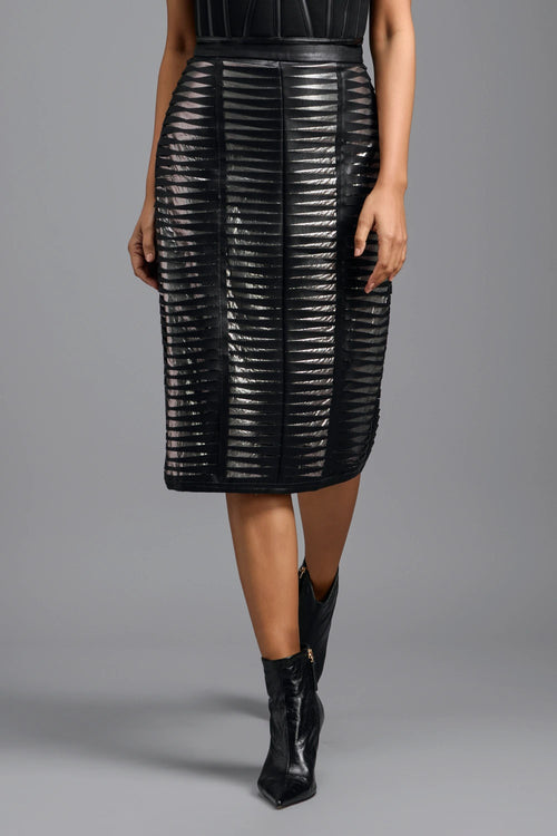 Black Sheer Leather-Strip Pencil Skirt