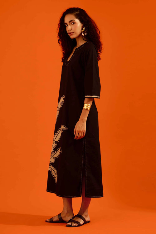 Black Leaf Motif Embroidered Dress