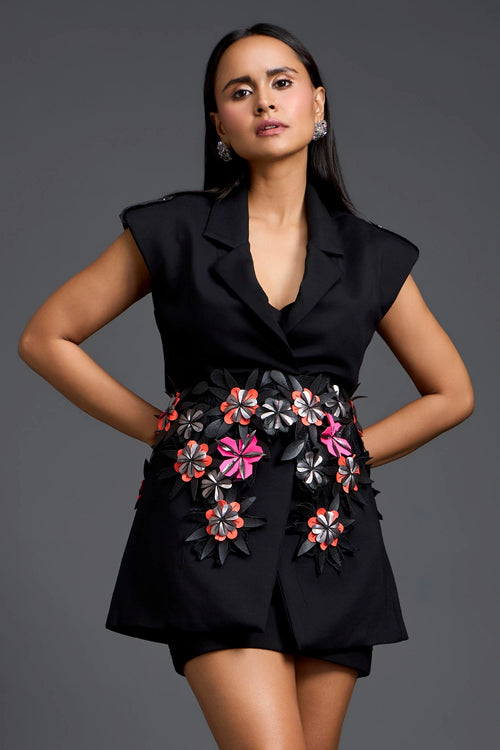 Black Floral Belt Blazer and Skirt Set