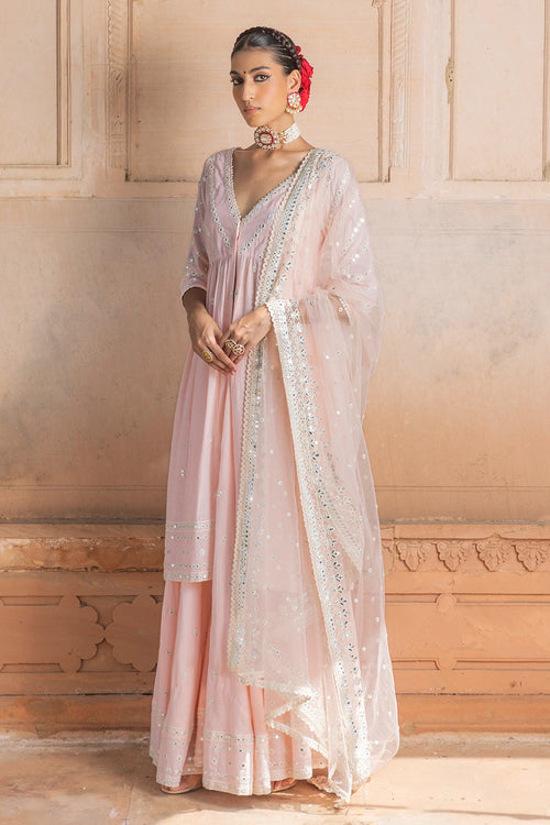 Blush Pink Three Line Embroidered Kurta with Lehenga and Dupatta