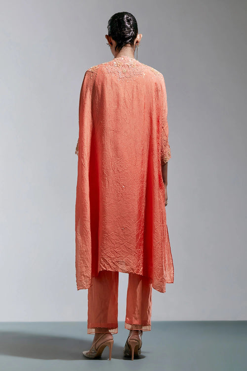 Vermilion Floral Threadwork Silk Kaftan Set