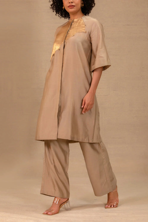 Eeda Grey Silk Kurta Set With Asymmetrical Patchwork