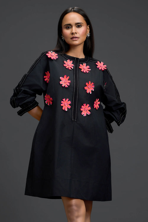 Black Floral Patch Pocket Dress