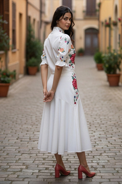 Spring Bloom Embroidered White Skirt Set