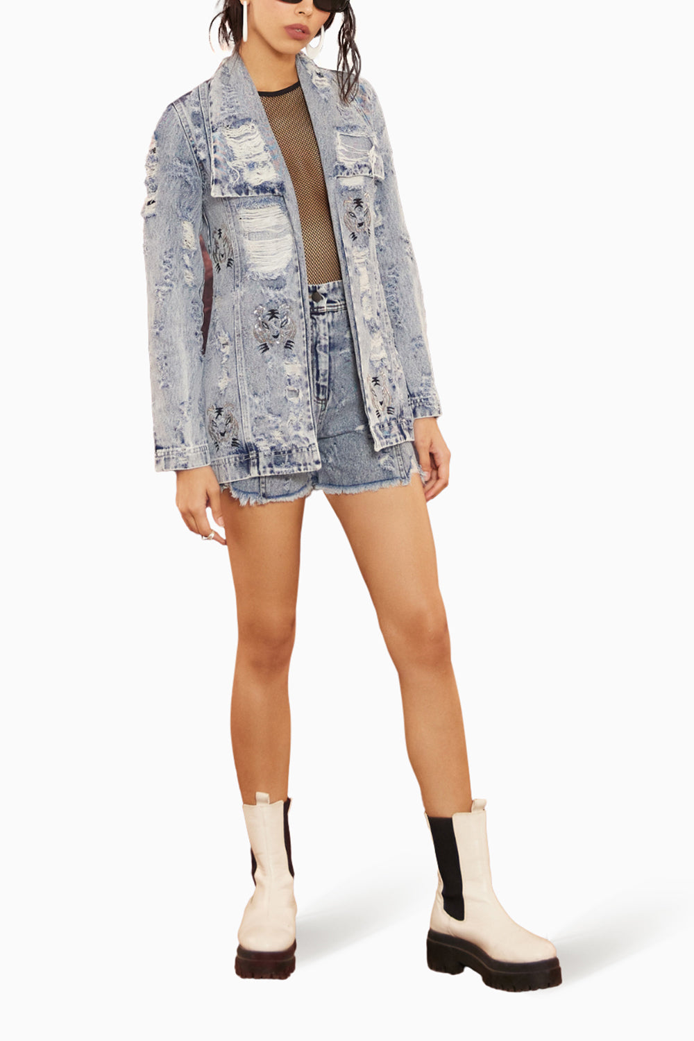 Lion Embellished Distressed Denim Co-ord Set