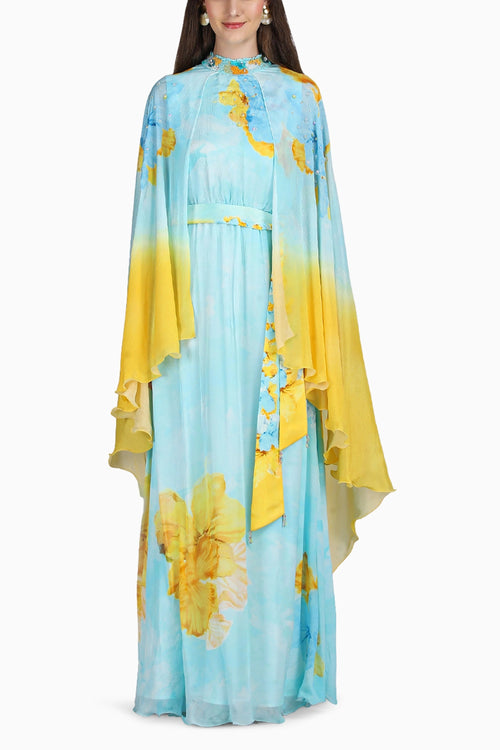Aurora Bloom Tonal Teal Placement Print Dress