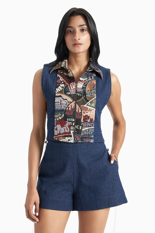 Dark Blue Denim Herringbone Bib And Shorts Set