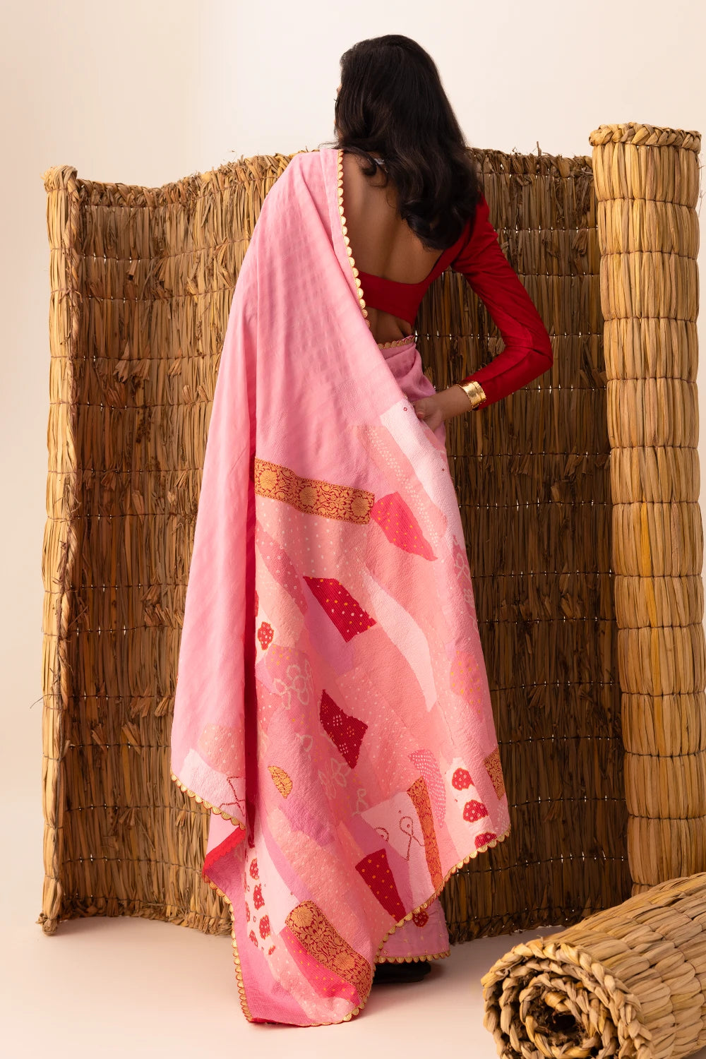 Pink Patchwork Bandhani Palla Saree