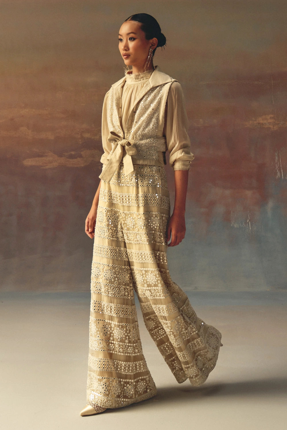 Ivory Gilet with Belt with Georgette Shirt and Mirrorwork Palazzos