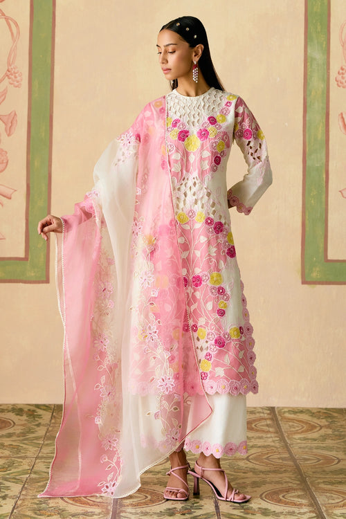 Ivory and Pink Applique Kurta Set with Dupatta