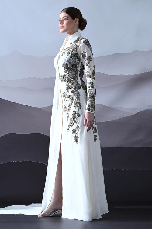 Ivory Gown With Asymmetrical Embroidery