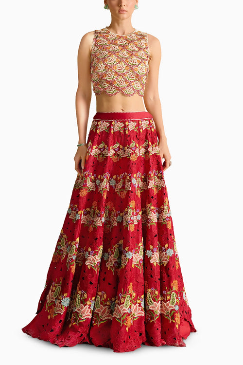 Ivory 3D Scallop Embroidered Top And Lehenga