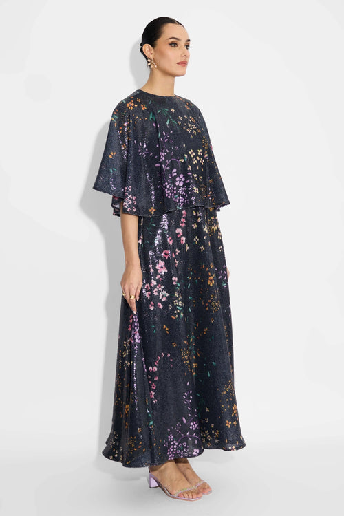 Black Floral Sequin Dress With Black Floral Sequin Cape