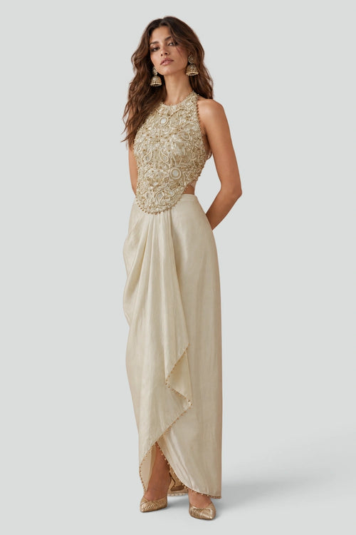 Stone Organza Embroidered Choli With Tissue Lungi Skirt