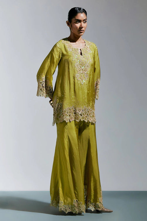 Henna Floral Threadwork Silk Sharara Set