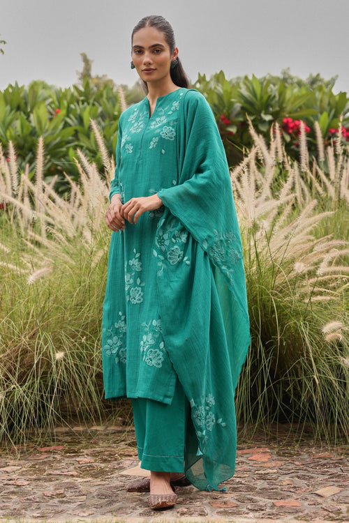 Teal Applique Embroidered Kurta Set