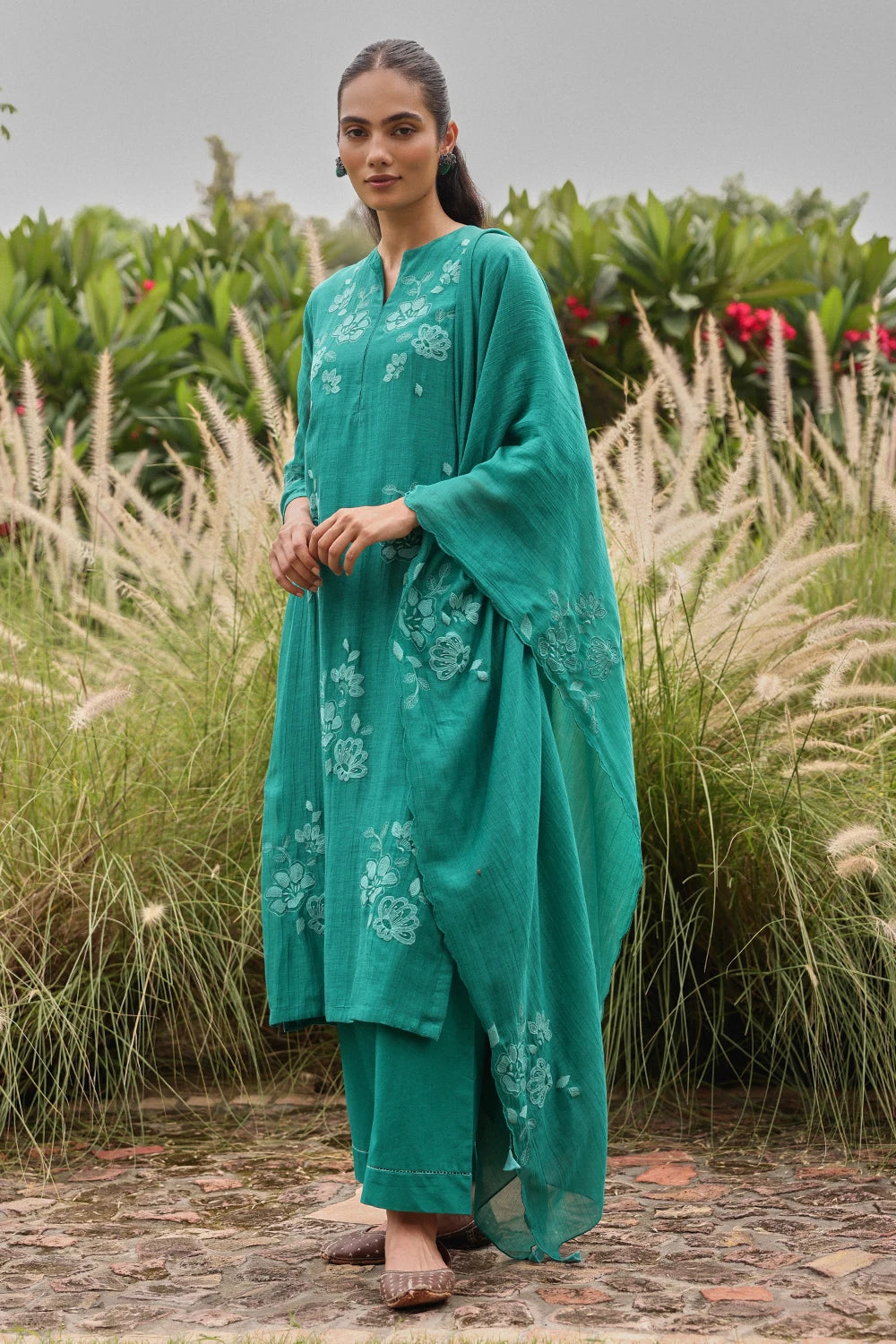 Teal Applique Embroidered Kurta Set