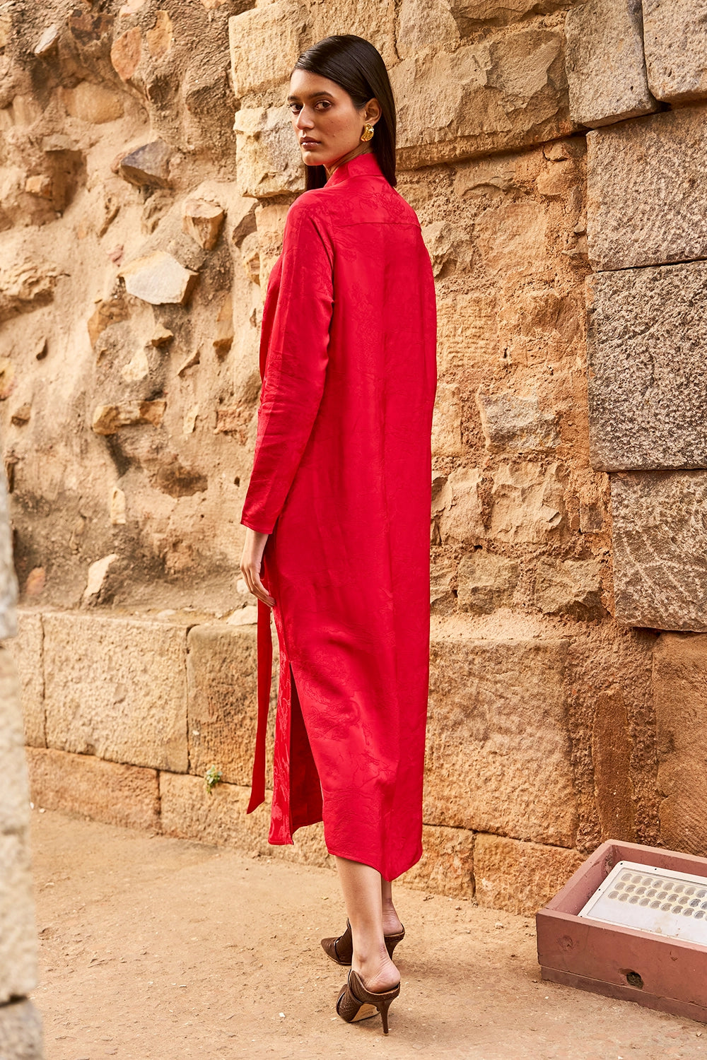 Red Jacquard Shirt Dress