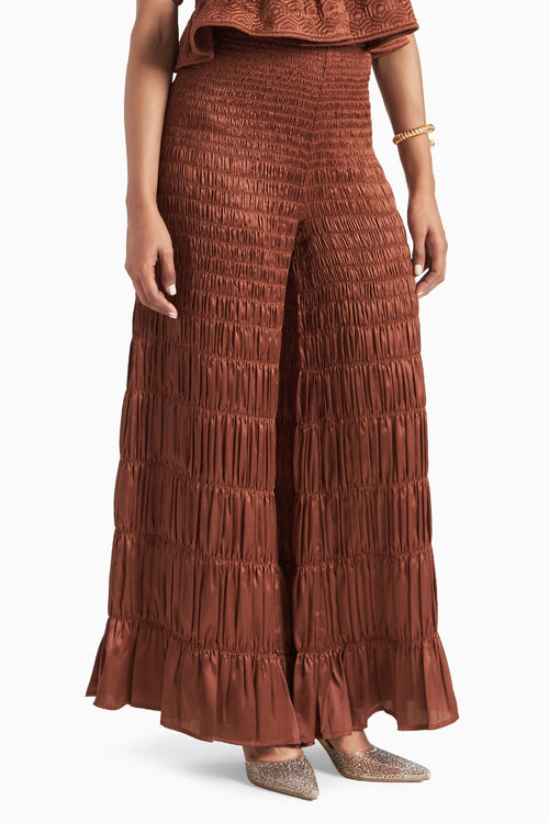 Brown Wide-Leg Smocked Satin Pants
