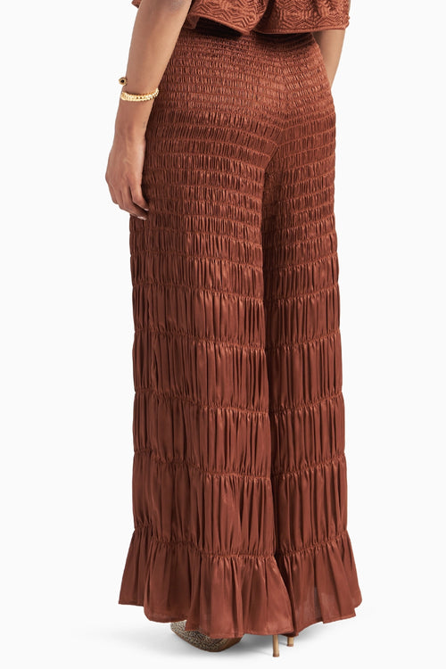Brown Wide-Leg Smocked Satin Pants