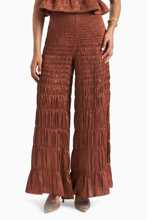 Brown Wide-Leg Smocked Satin Pants