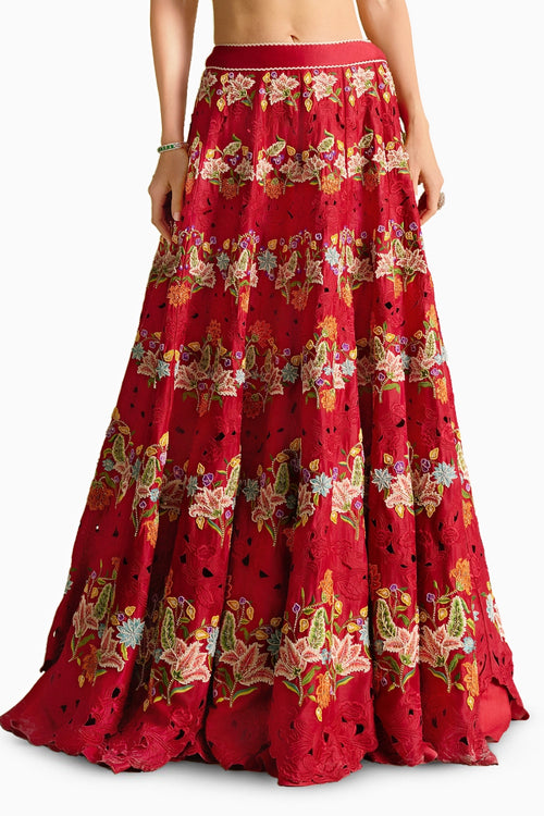 Red Floral Scallop Embroidered Lehenga