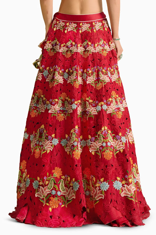 Red Floral Scallop Embroidered Lehenga