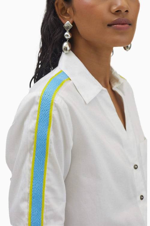 White Embellished Blue Yellow Pop Ribbon Shirt