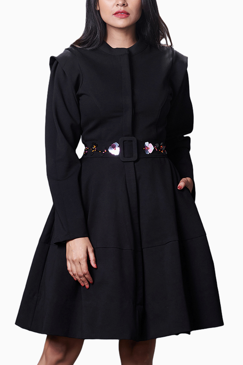 Black Embroidered Jacket Dress With Belt