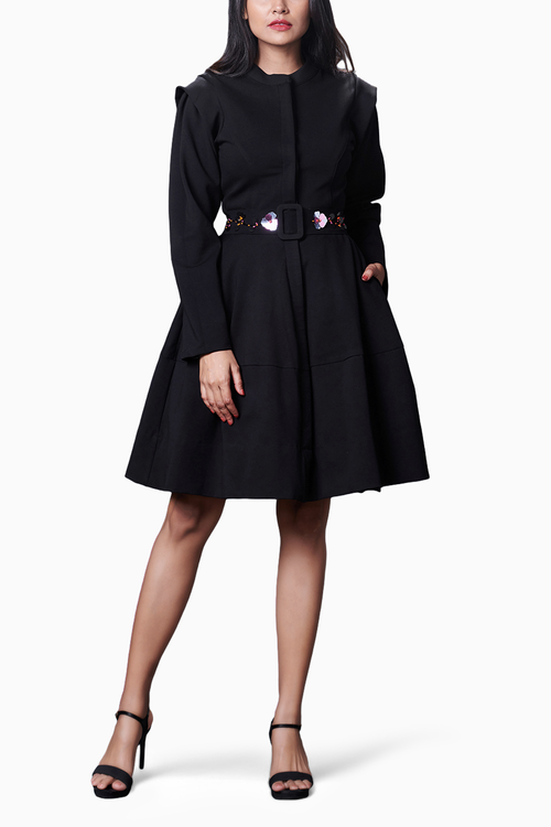 Black Embroidered Jacket Dress With Belt
