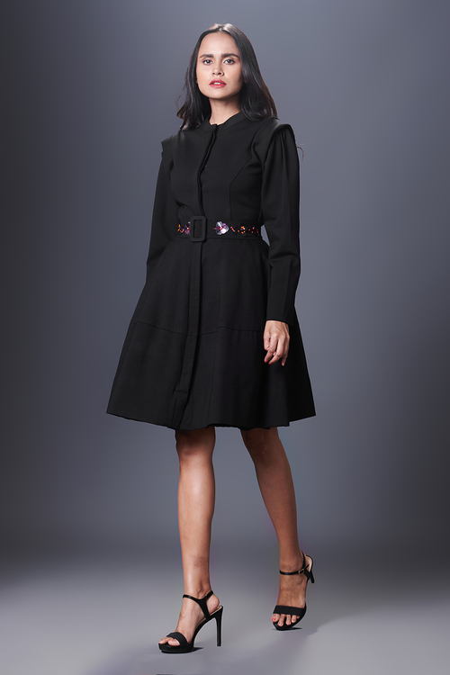 Black Embroidered Jacket Dress With Belt