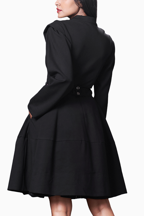 Black Embroidered Jacket Dress With Belt