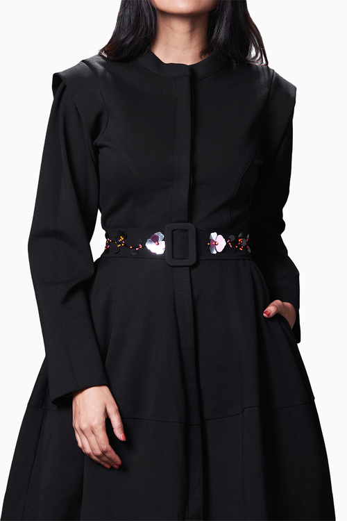 Black Embroidered Jacket Dress With Belt