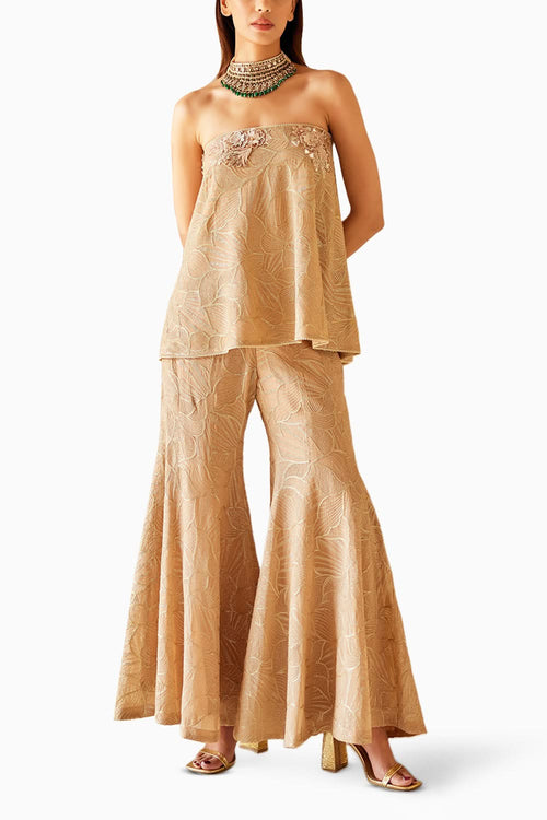 Caramel Mirrorwork Strapless Zari Top