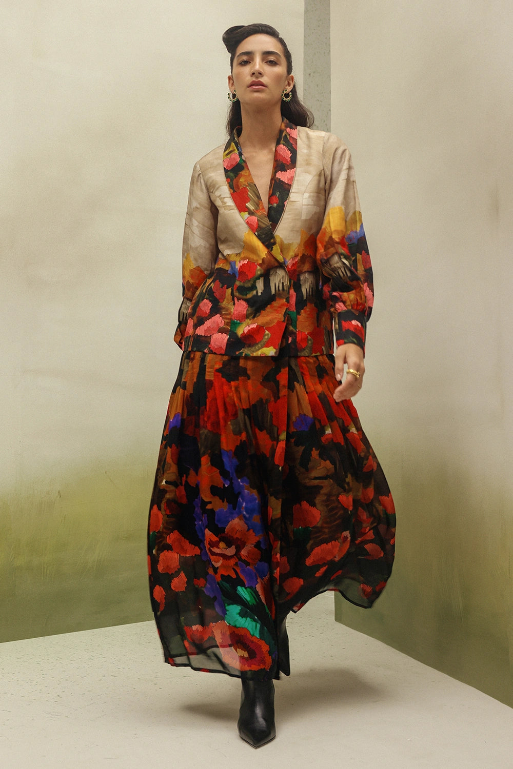 knee length dresses for ladies The Avery Dress in Gold Baroque Floral – V. Chapman main image 0