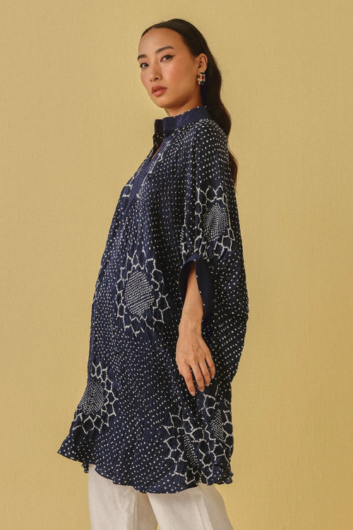 Indigo Bandhani Shirt Dress with Pintucks