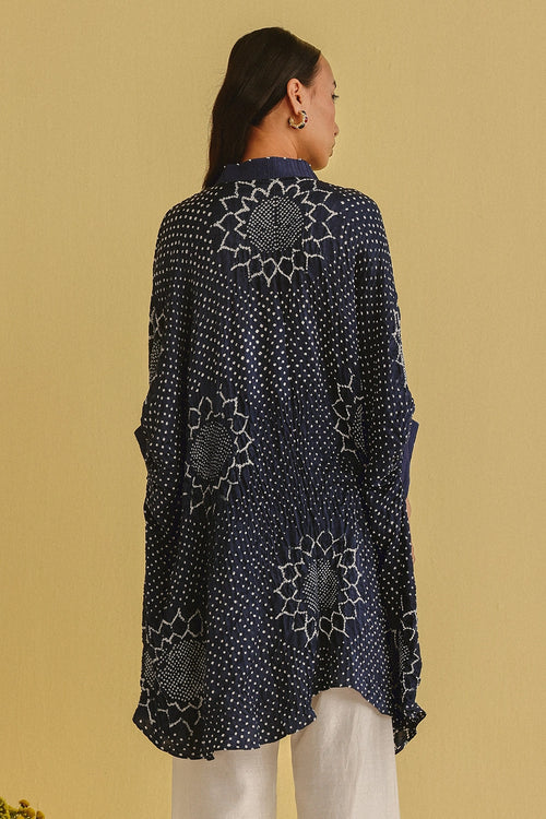 Indigo Bandhani Shirt Dress with Pintucks