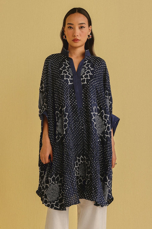 Indigo Bandhani Shirt Dress with Pintucks