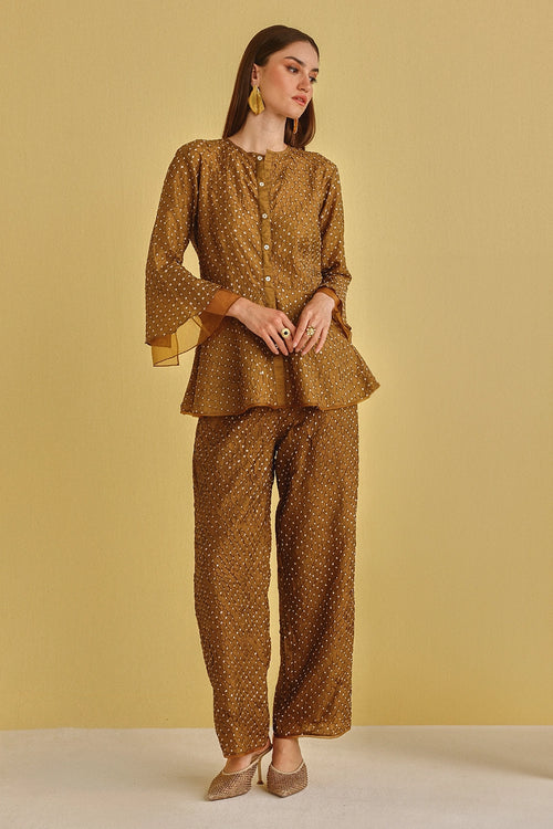 Mocha Artisanal Bandhani Peplum Top With Pants