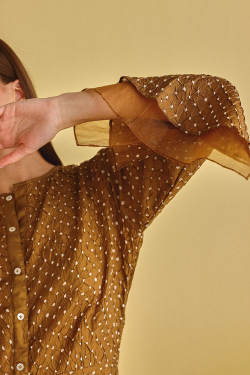 Mocha Artisanal Bandhani Peplum Top With Pants