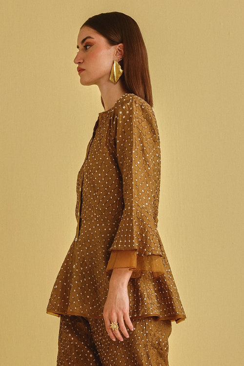 Mocha Artisanal Bandhani Peplum Top
