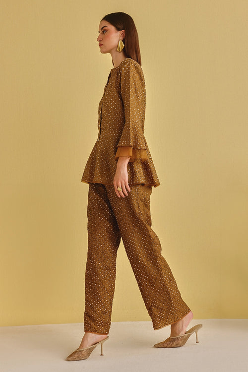 Mocha Artisanal Bandhani Peplum Top With Pants