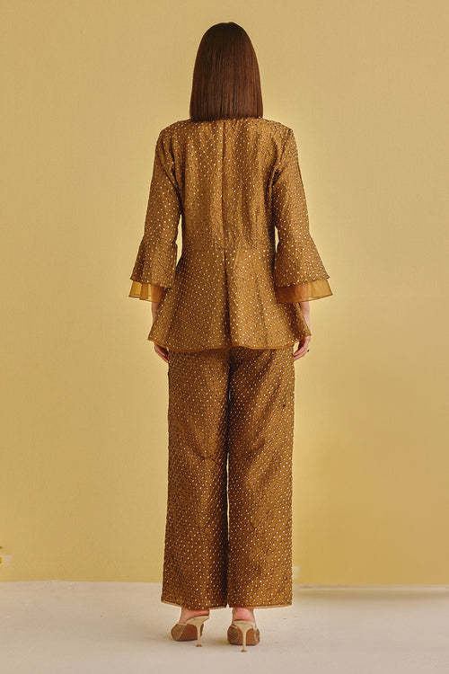 Mocha Artisanal Bandhani Peplum Top With Pants
