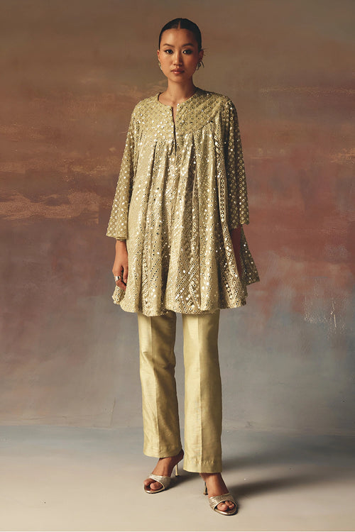 Sage Green A-Line Box Pleat Dress Jacket with Straight Pants