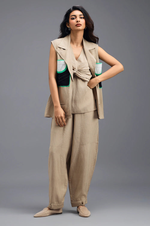 Beige Blazer with Twisted Top and Trousers