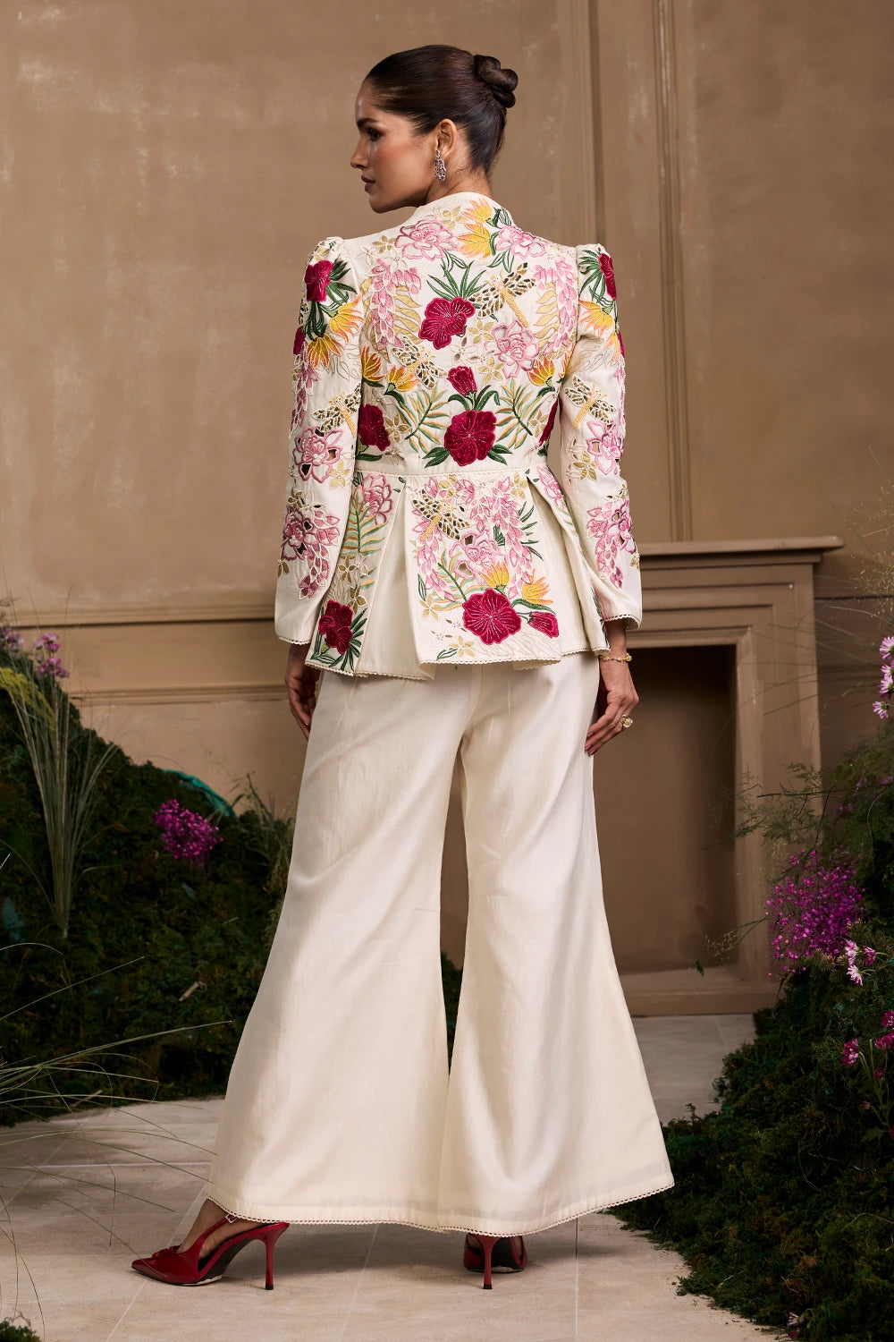 Ivory Floral Foliage Pleated Peplum Jacket With Bell Bottom