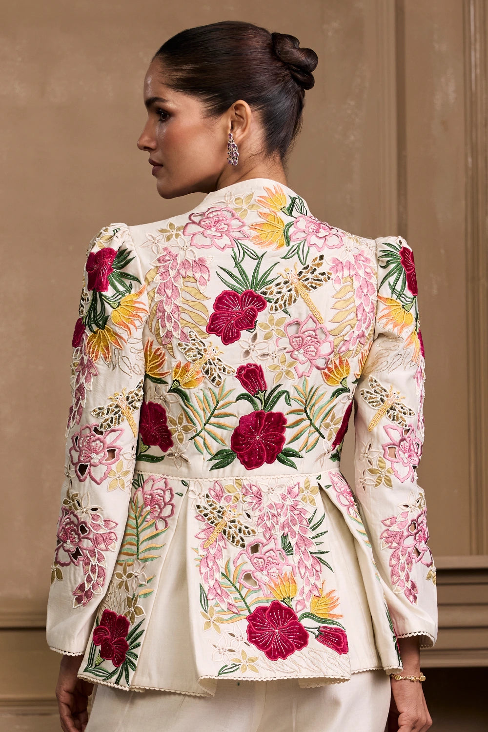 Ivory Floral Foliage Pleated Peplum Jacket