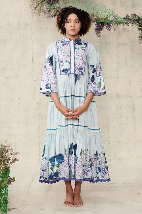 Sky Blue Hydrangea Full Sleeve Dress